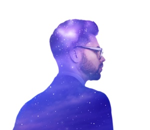 Universe hidden in human, mindfulness, imagination, ideas, creativity, inner power concepts. Silhouette of man and starry sky or galaxy on white background, double exposure