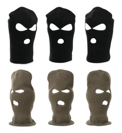 Image of Set with different balaclavas on white background 
