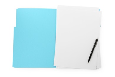 Turquoise file with blank sheets of paper and black pen isolated on white, top view. Space for design