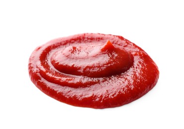 Photo of Fresh tasty red ketchup isolated on white, closeup