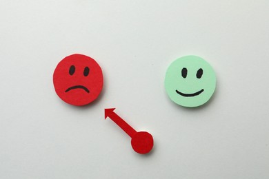 Photo of Mood indicator on white background, flat lay. Emotional management