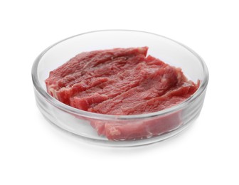 Photo of Petri dish with pieces of raw cultured meat on white background
