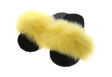Pair of soft open toe slippers with yellow fur on white background