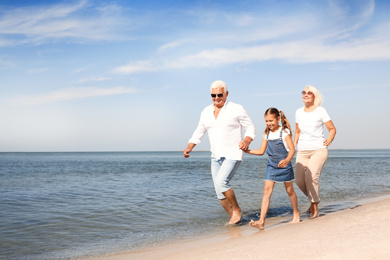 Cute little girl with grandparents spending time together on sea beach