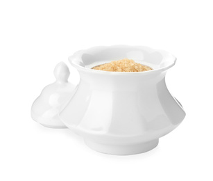 Ceramic bowl with brown sugar isolated on white