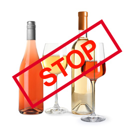 Set of different alcohol drinks and STOP sign on white background
