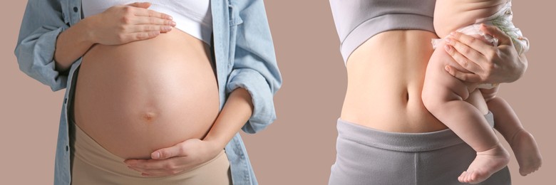 Image of Closeup view of mother with baby and pregnant woman touching her belly on color background, collage. Banner design