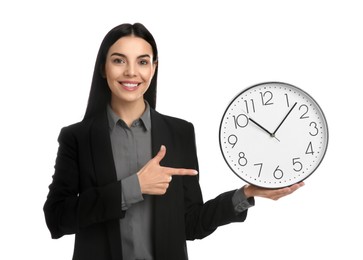 Businesswoman holding clock on white background. Time management
