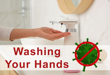 Woman using automatic soap dispenser in bathroom, closeup. Washing hands during coronavirus outbreak