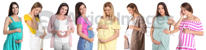 Collage with photos of pregnant women on white background. Banner design