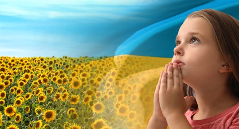 Pray for Ukraine. Little girl against double exposure of sunflower field under sky and Ukrainian flag, banner design