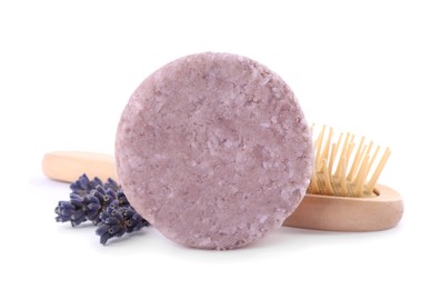 Solid shampoo bar and lavender flowers on white background. Hair care