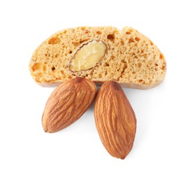 Photo of Slice of tasty cantucci and nuts on white background, top view. Traditional Italian almond biscuits