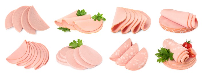 Set with tasty boiled sausages on white background. Banner design