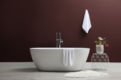 Modern ceramic bathtub and plant near burgundy wall indoors