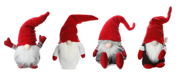 Set with funny Christmas gnomes on white background. Banner design 