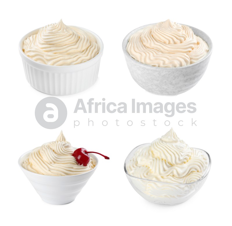Set with delicious fresh whipped cream on white background