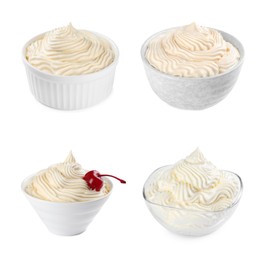 Set with delicious fresh whipped cream on white background