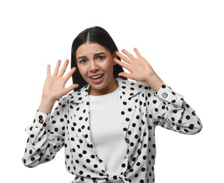 Young woman feeling fear on white background