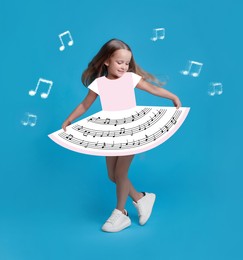 Cute little girl in beautiful dress with musical notes dancing on light blue background. Bright creative collage design