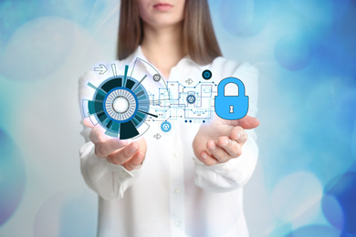 Cyber crime protection. Businesswoman demonstrating digital lock symbol, closeup