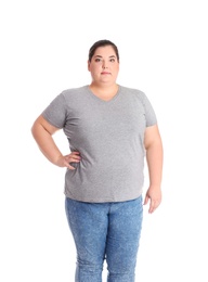 Photo of Overweight woman before weight loss on white background