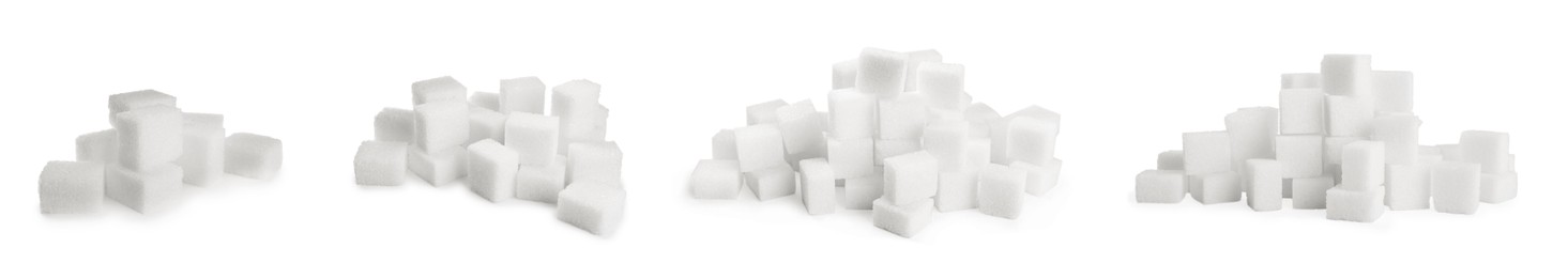 Set with cubes of sugar on white background. Banner design