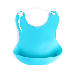 Blue silicone baby bib isolated on white, top view. First food