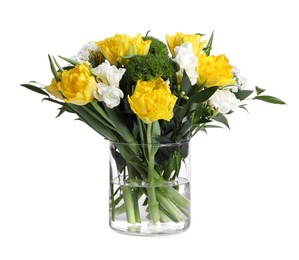 Beautiful bouquet with peony tulips isolated on white
