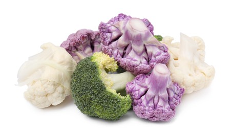 Heap of various cauliflower cabbages on white background