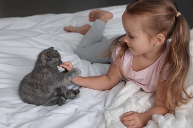 Photo of Cute little girl playing with kitten on bed. Childhood pet