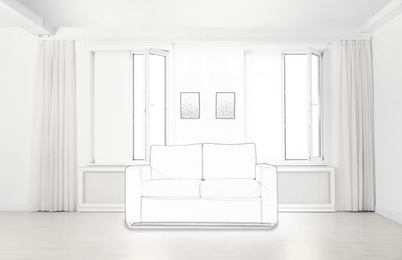 Stylish room with comfortable sofa. Illustrated interior design