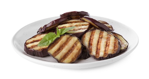 Delicious grilled eggplant slices with basil isolated on white