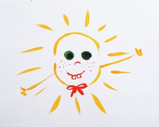 Colorful children painting of beautiful sun on white background