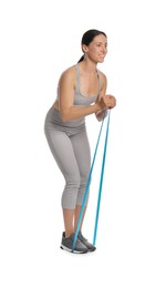 Woman doing sportive exercise with fitness elastic band on white background