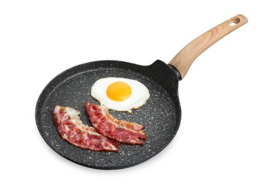 Frying pan with delicious fried egg and bacon isolated on white