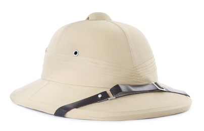 Stylish safari hat isolated on white. Trendy headdress