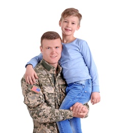 Male soldier with his son on white background. Military service