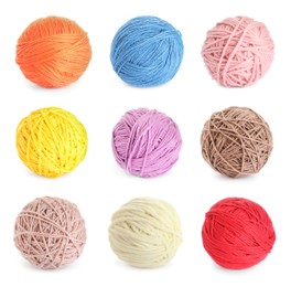 Set with different woolen yarns on white background