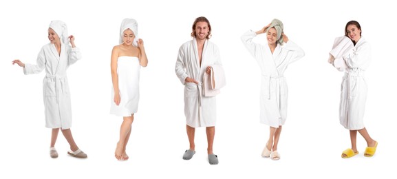 Collage with photos of people with soft towels on white background. Banner design