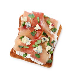 Delicious sandwich with prosciutto, microgreens and cheese on white background, top view