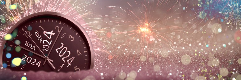 Image of New 2024 Year greeting card with clock, fireworks and glitter, banner design. Space for text