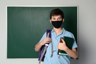 Boy wearing protective mask with backpack and books near chalkboard in classroom, space for text. Child safety
