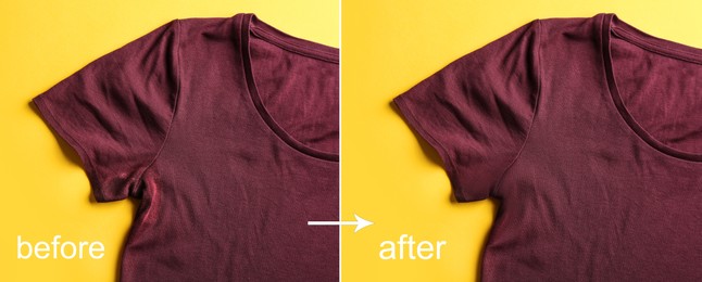 Dark red t-shirt with old deodorant stain before and after washing on yellow background, top view