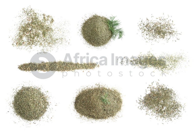 Set with heaps of dry dill on white background