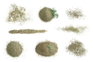 Set with heaps of dry dill on white background