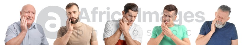 Collage with photos of men suffering from toothache on white background. Banner design