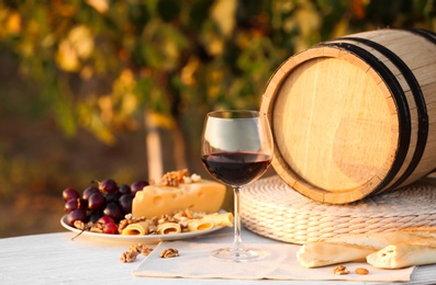 Photo of Composition with wine and snacks on white wooden table at vineyard