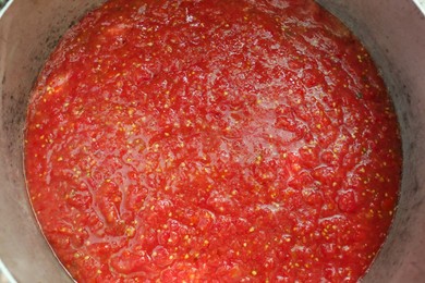 Photo of Freshly made red tomato juice, top view