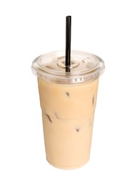 Takeaway plastic cup with cold coffee drink and straw on white background